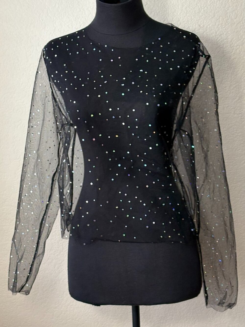 Black Sheer Rhinestone Mesh Long Sleeve Top XL Party Festival Y2K